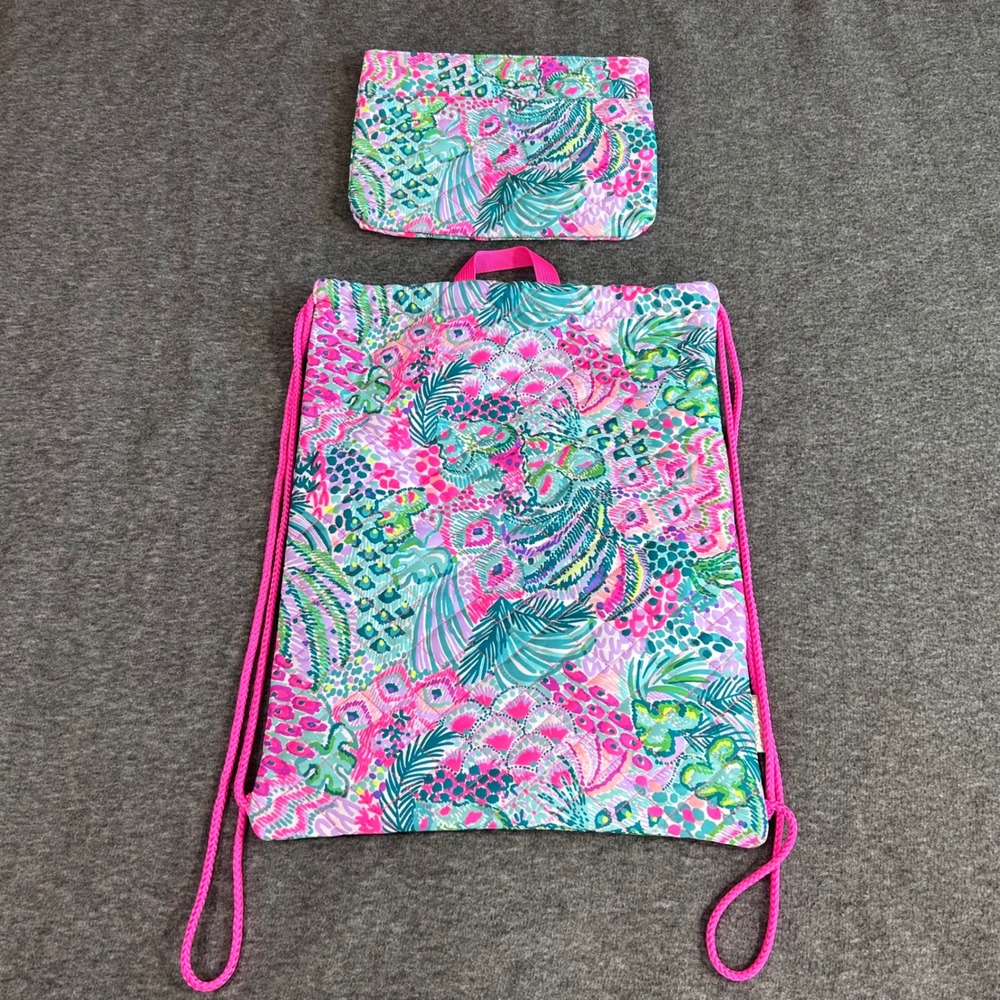 Lilly Pulitzer Quilted Drawstring Backpack and Pouch Set Multicolor Floral